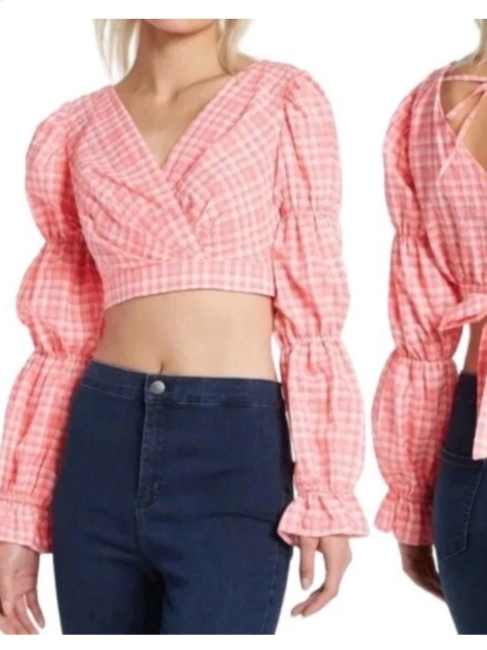 Topshop Pink Gingham Puff-Sleeve Crop Top